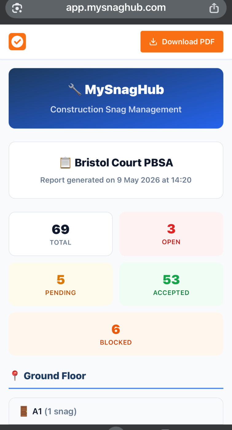 Live client shared link showing project snag report
