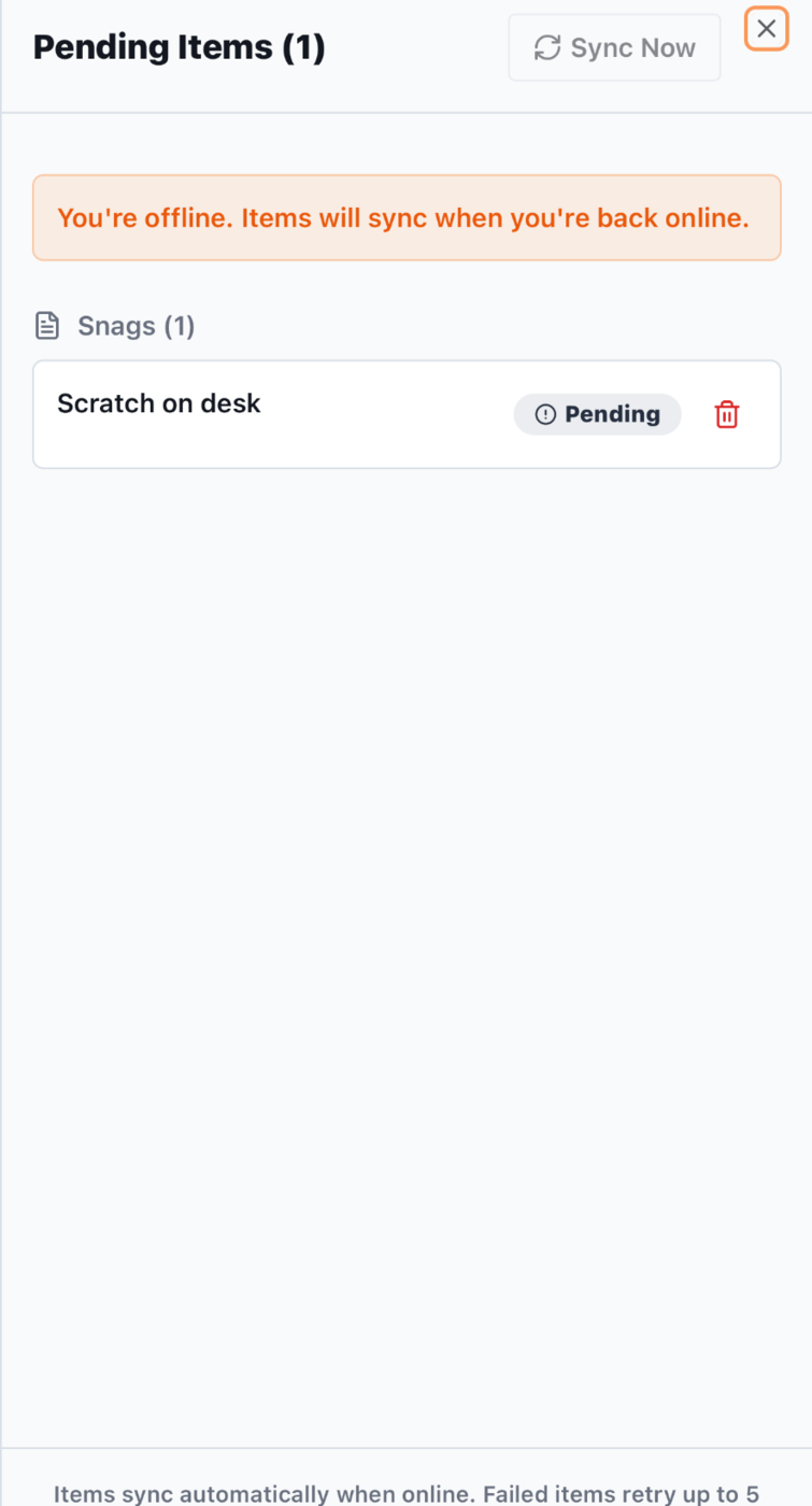 Pending items panel showing offline sync queue